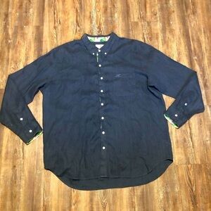 Madda Fella Shirt Men's 2XL Button Down Linen Navy Floral Trim Long Sleeve Aloha